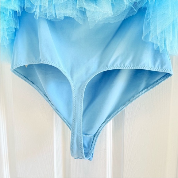 Free People Big Love Blue Tulle Trim Off The Shoulder Thong Bodysuit Size Medium - Picture 5 of 7